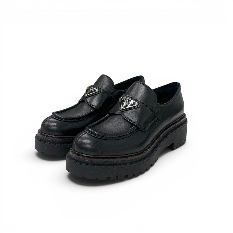 Prada Double Chocolate Loafers Leather Shoes Black Triangle Logo