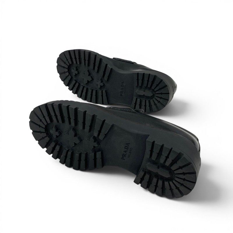 Prada Double Chocolate Loafers Leather Shoes Black Triangle Logo — view 6