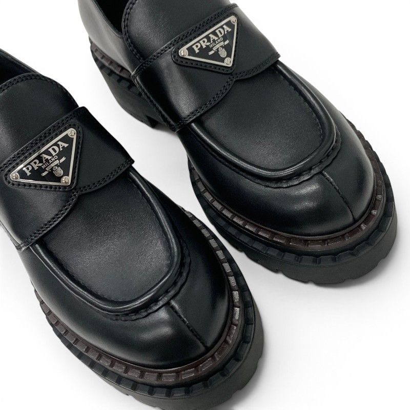 Prada Double Chocolate Loafers Leather Shoes Black Triangle Logo — view 9