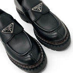 Prada Double Chocolate Loafers Leather Shoes Black Triangle Logo — view 9