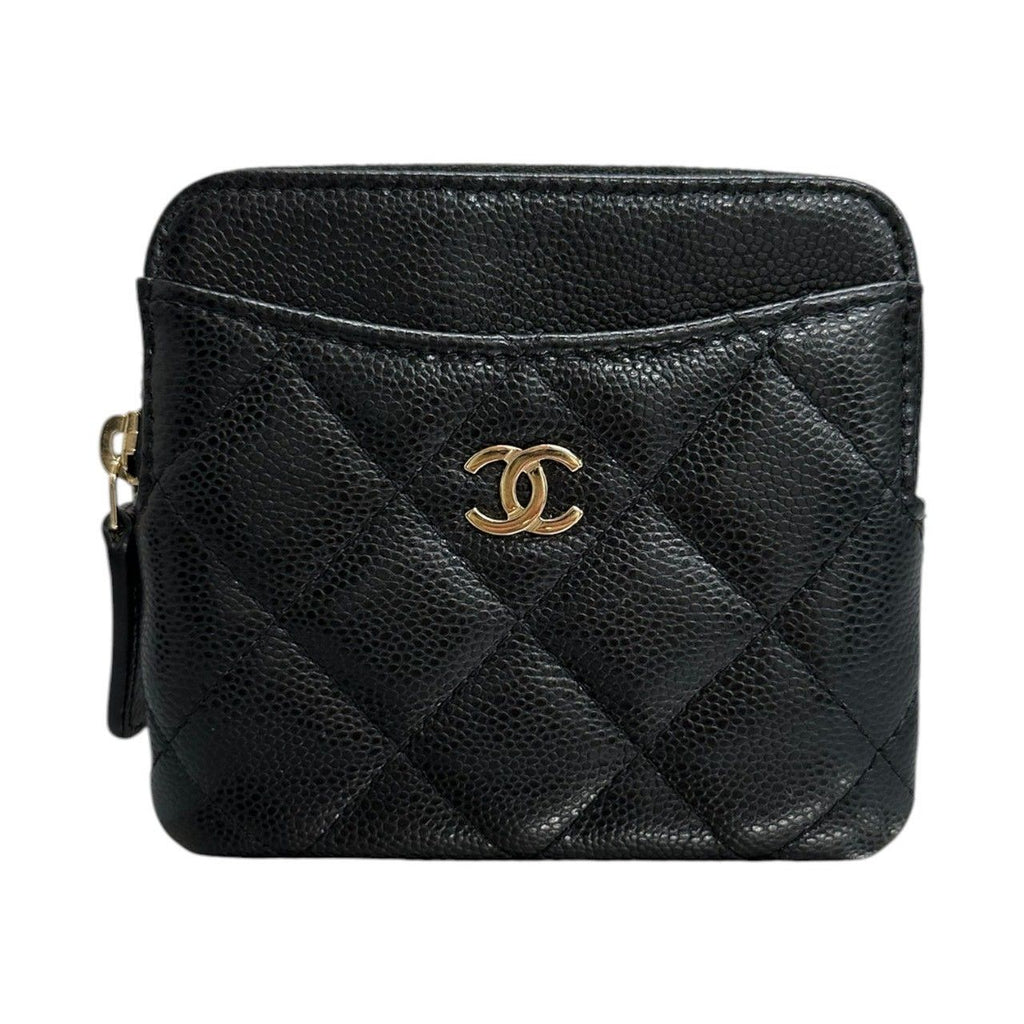 Chanel Quilted Black Gold Caviar Leather Coin Case
