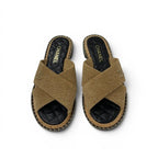 Chanel Sandals Shoes Corduroy Cork Brown Black Gold CC Logo Chain Quilted Flat — view 2