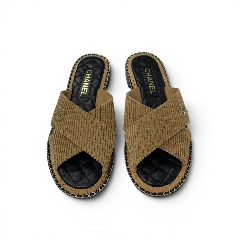 Chanel Sandals Shoes Corduroy Cork Brown Black Gold CC Logo Chain Quilted Flat — view 2