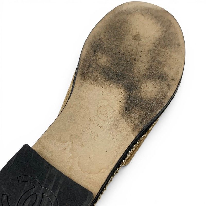 Chanel Sandals Shoes Corduroy Cork Brown Black Gold CC Logo Chain Quilted Flat — view 8