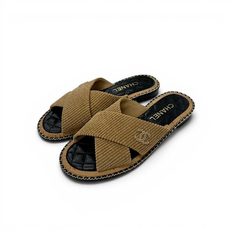 Chanel Sandals Shoes Corduroy Cork Brown Black Gold CC Logo Chain Quilted Flat