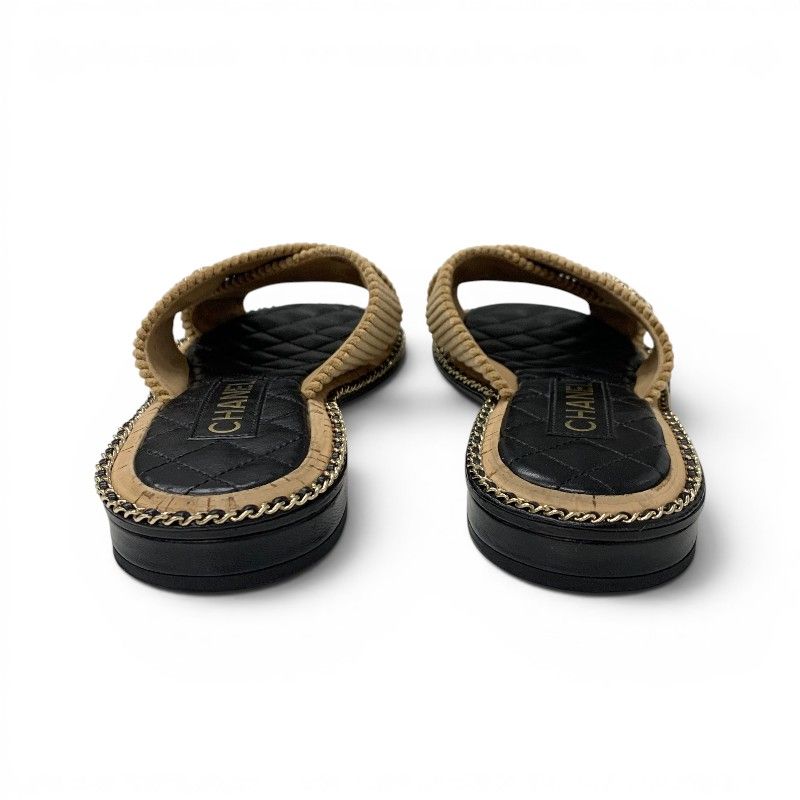 Chanel Sandals Shoes Corduroy Cork Brown Black Gold CC Logo Chain Quilted Flat — view 5