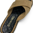 Chanel Sandals Shoes Corduroy Cork Brown Black Gold CC Logo Chain Quilted Flat — view 7