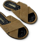 Chanel Sandals Shoes Corduroy Cork Brown Black Gold CC Logo Chain Quilted Flat — view 9
