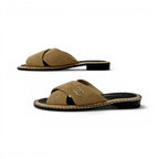 Chanel Sandals Shoes Corduroy Cork Brown Black Gold CC Logo Chain Quilted Flat — view 3
