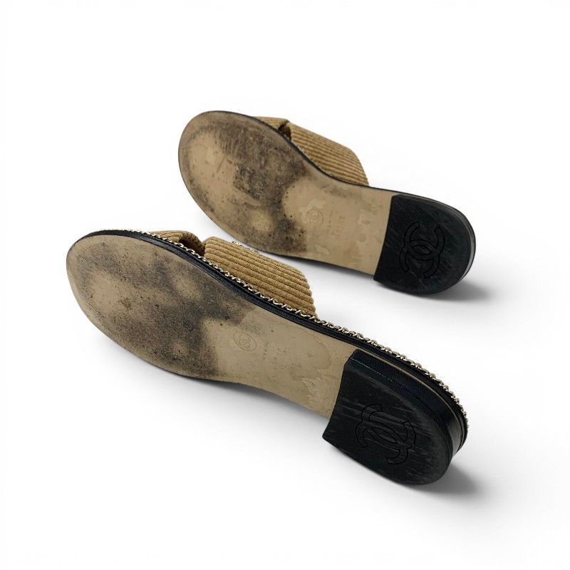 Chanel Sandals Shoes Corduroy Cork Brown Black Gold CC Logo Chain Quilted Flat — view 6