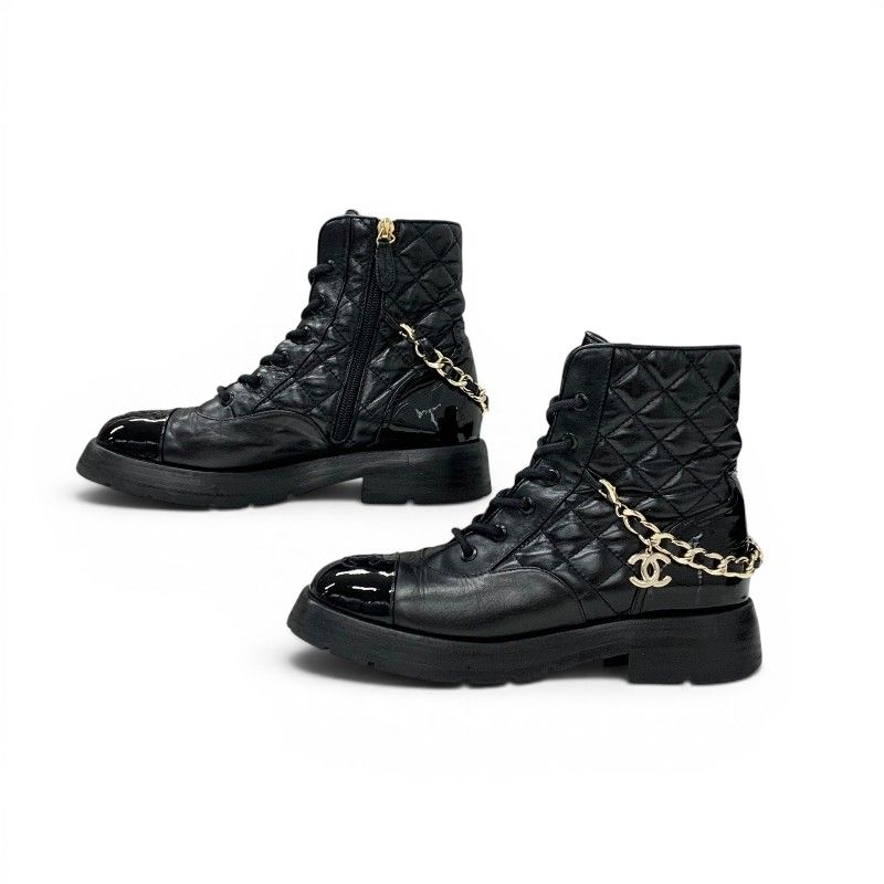 Chanel Boots Short Shoes Leather Patent Black Gold CC Logo Quilted Chain Lace — view 3