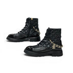 Chanel Boots Short Shoes Leather Patent Black Gold CC Logo Quilted Chain Lace — view 3