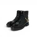 Chanel Boots Short Shoes Leather Patent Black Gold CC Logo Quilted Chain Lace