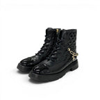 Chanel Boots Short Shoes Leather Patent Black Gold CC Logo Quilted Chain Lace