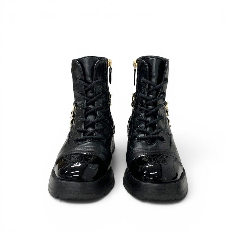 Chanel Boots Short Shoes Leather Patent Black Gold CC Logo Quilted Chain Lace — view 2