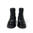 Chanel Boots Short Shoes Leather Patent Black Gold CC Logo Quilted Chain Lace — view 2