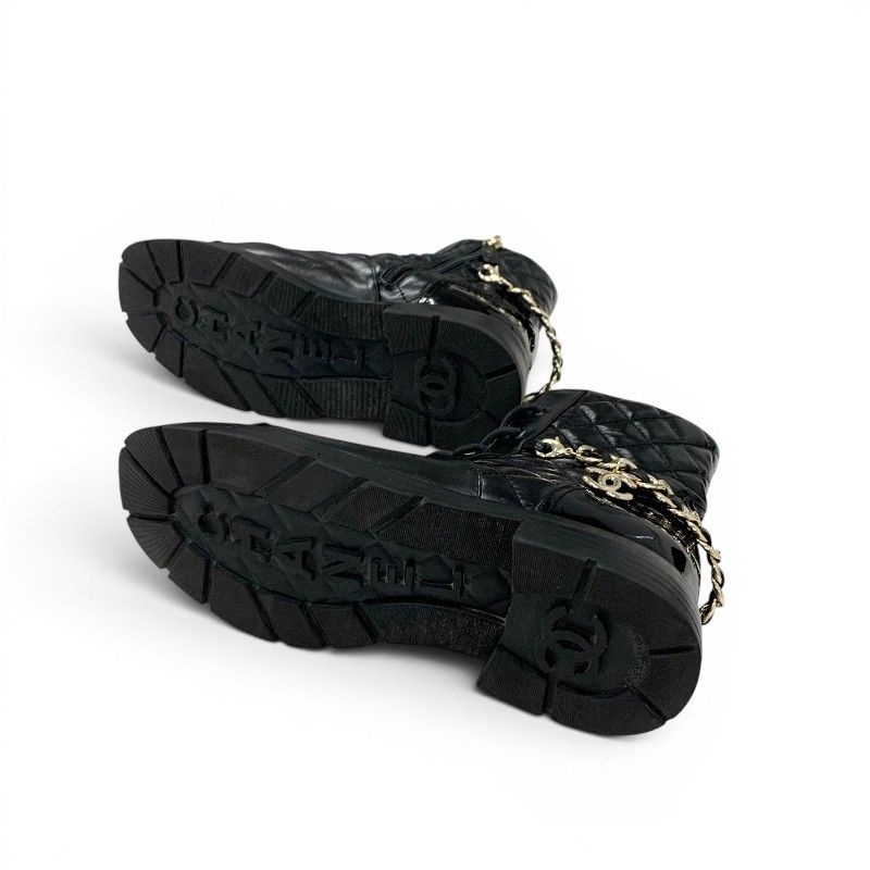 Chanel Boots Short Shoes Leather Patent Black Gold CC Logo Quilted Chain Lace — view 6