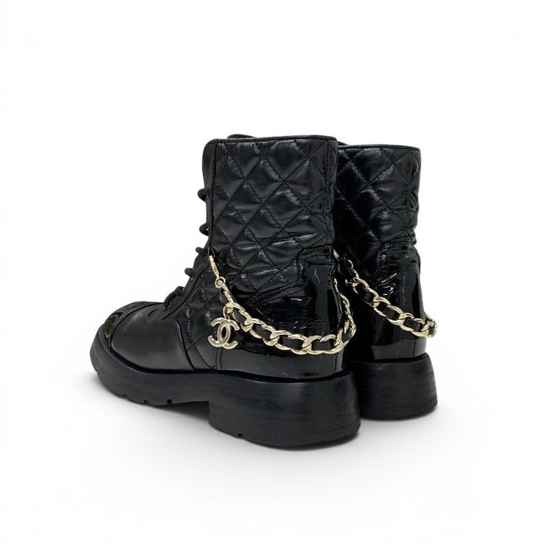 Chanel Boots Short Shoes Leather Patent Black Gold CC Logo Quilted Chain Lace — view 4