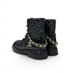 Chanel Boots Short Shoes Leather Patent Black Gold CC Logo Quilted Chain Lace — view 4