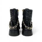 Chanel Boots Short Shoes Leather Patent Black Gold CC Logo Quilted Chain Lace — view 5