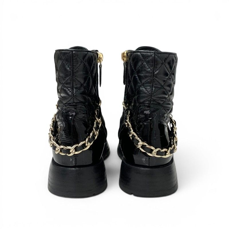 Chanel Boots Short Shoes Leather Patent Black Gold CC Logo Quilted Chain Lace — view 5