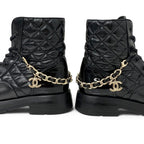 Chanel Boots Short Shoes Leather Patent Black Gold CC Logo Quilted Chain Lace — view 9