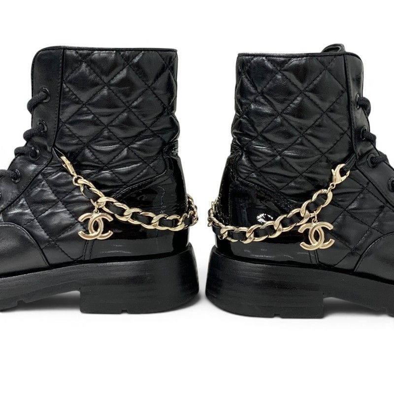 Chanel Boots Short Shoes Leather Patent Black Gold CC Logo Quilted Chain Lace — view 9