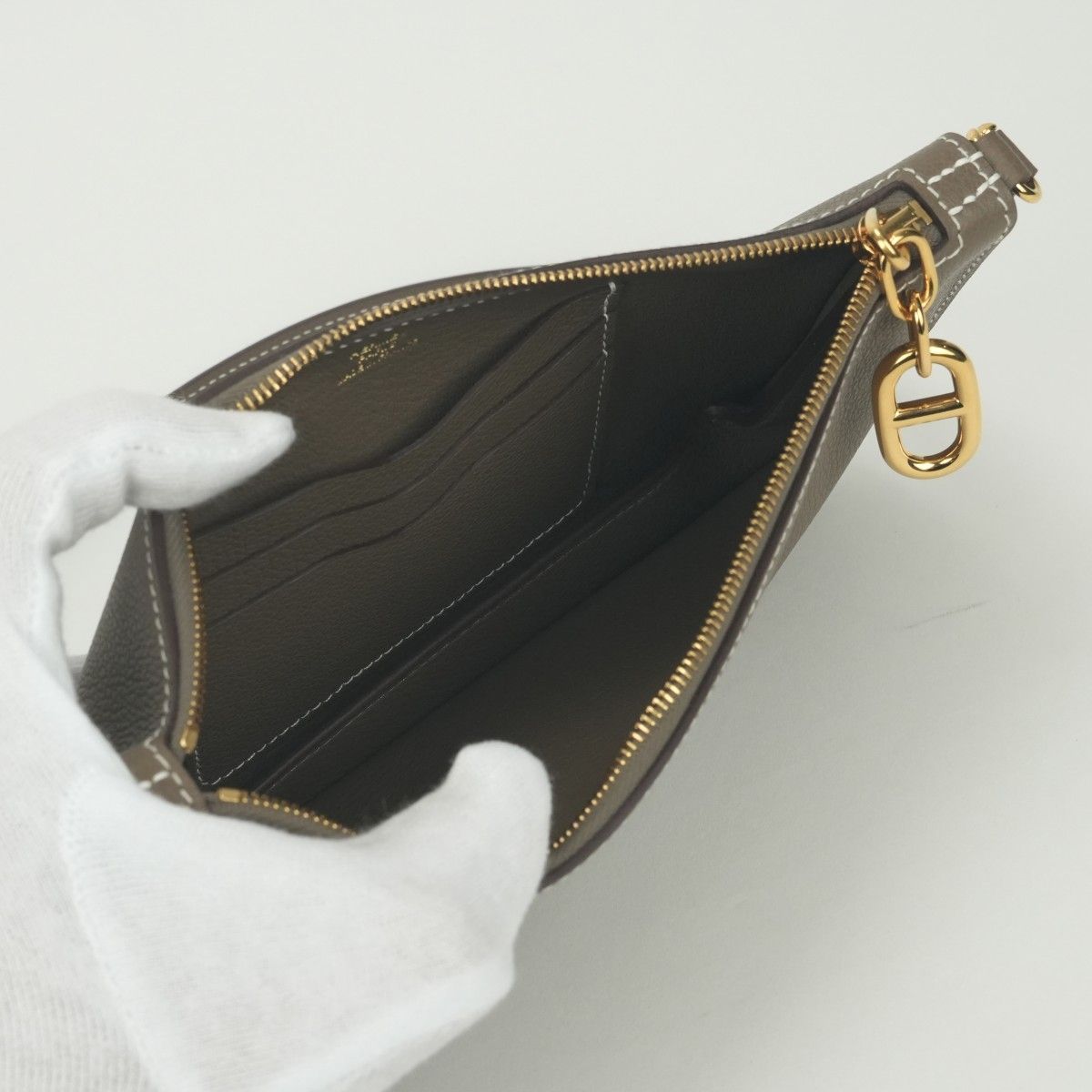 Hermes Zip Azap Tougo Shoulder Bag Color Etoupe Gray Gold Pouch Clutch — view 9