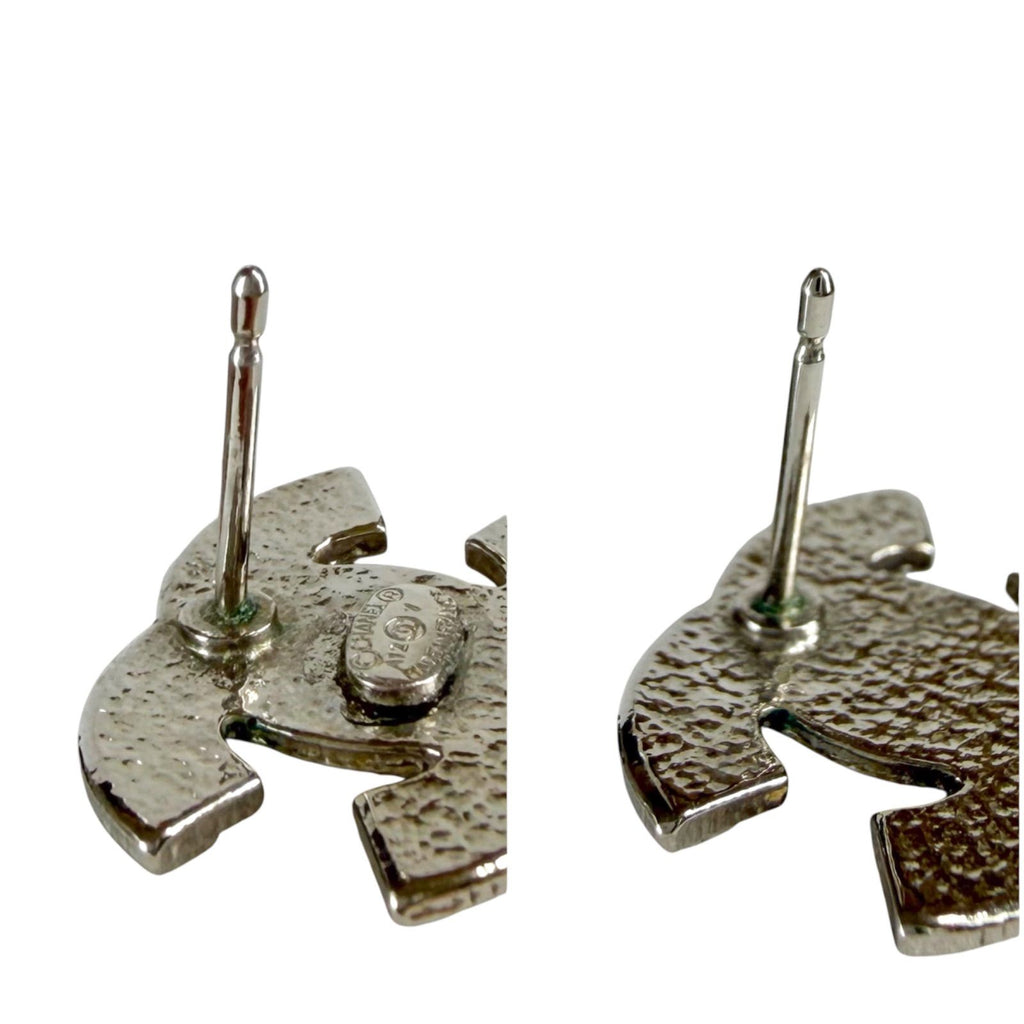 Chanel CC Logo Rhinestone Earrings Silver Vintage — view 7