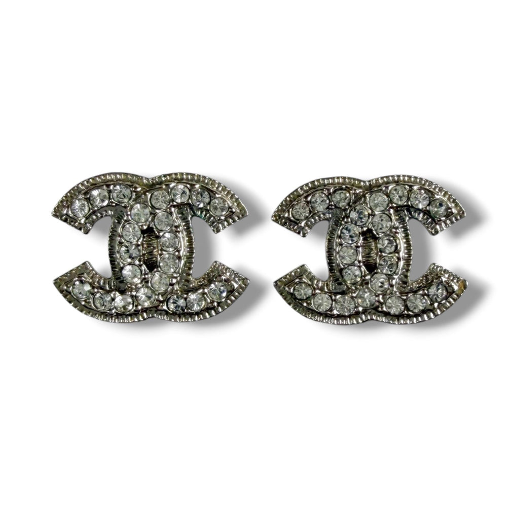 Chanel CC Logo Rhinestone Earrings Silver Vintage — view 2