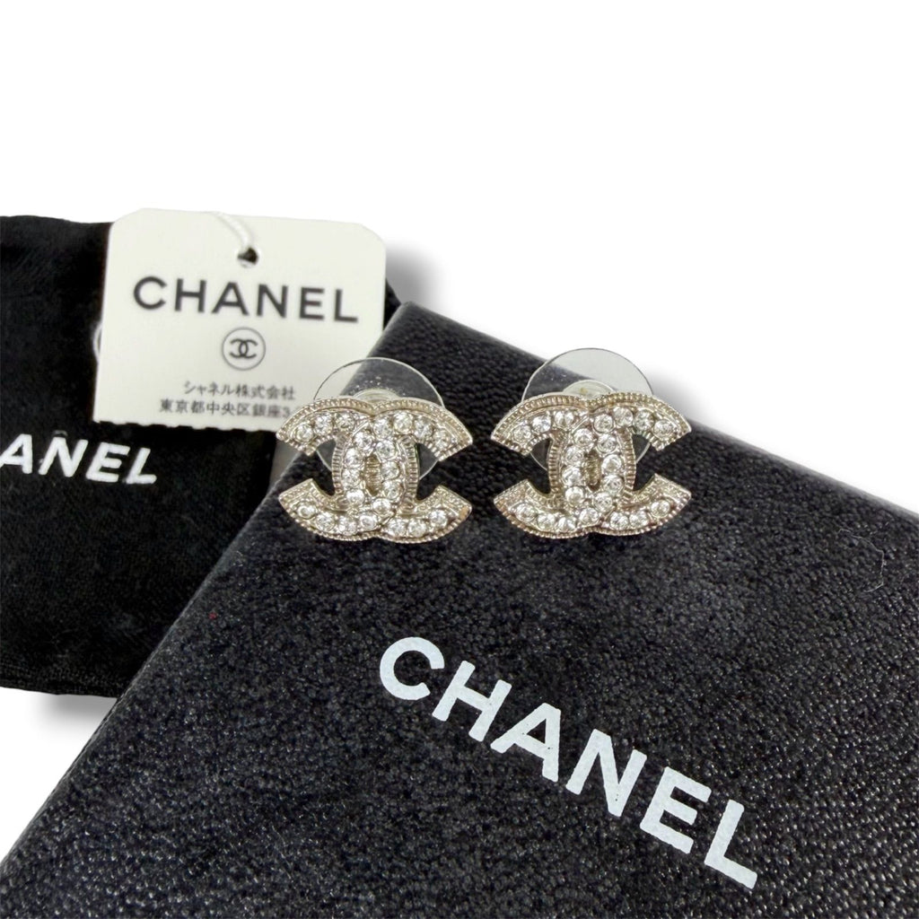Chanel CC Logo Rhinestone Earrings Silver Vintage