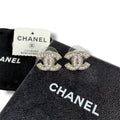 Chanel CC Logo Rhinestone Earrings Silver Vintage
