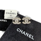 Chanel CC Logo Rhinestone Earrings Silver Vintage
