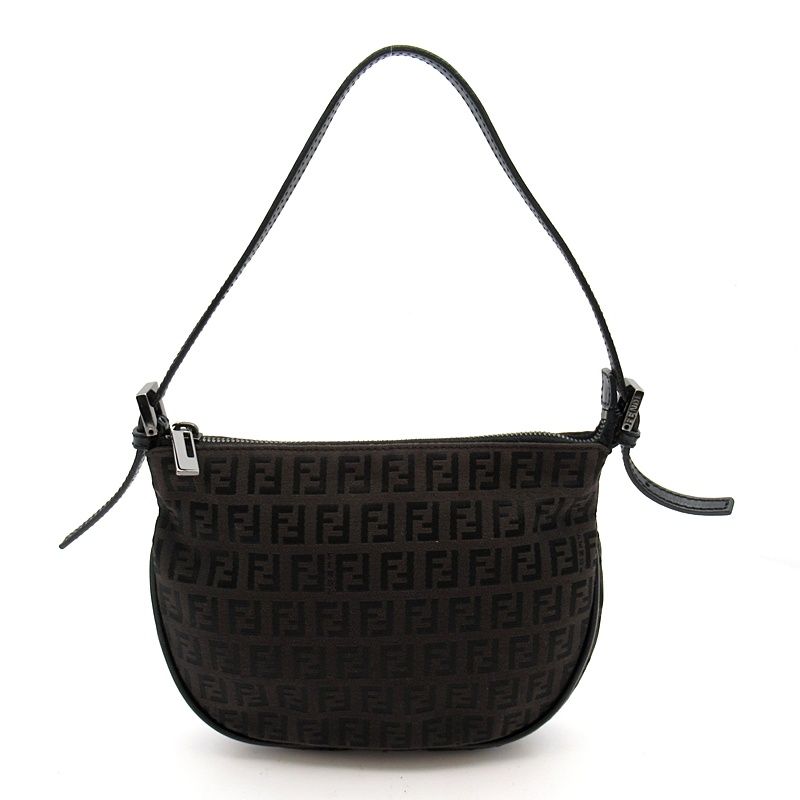 Fendi Zucchino Shoulder Bag Canvas Leather Black