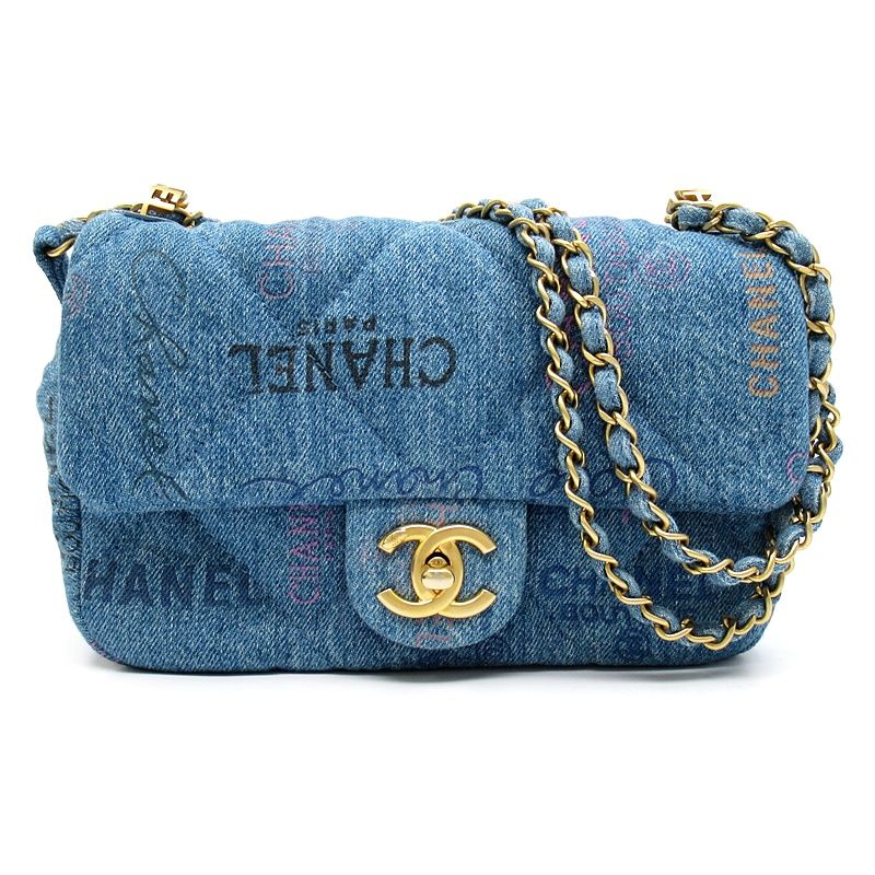 Chanel Quilted Denim Chain Shoulder Bag Cotton Blue