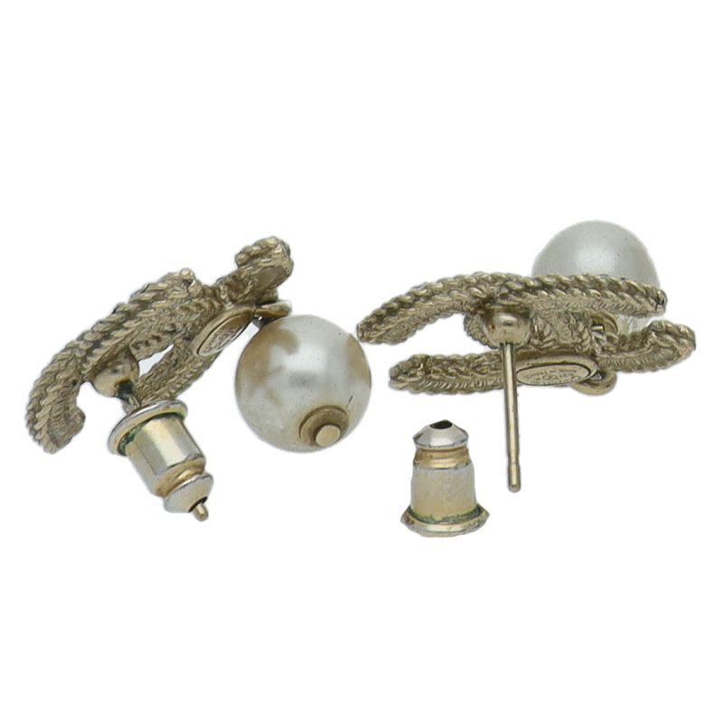 Chanel CC Logo Rhinestone Faux Pearl Earrings Brass — view 2