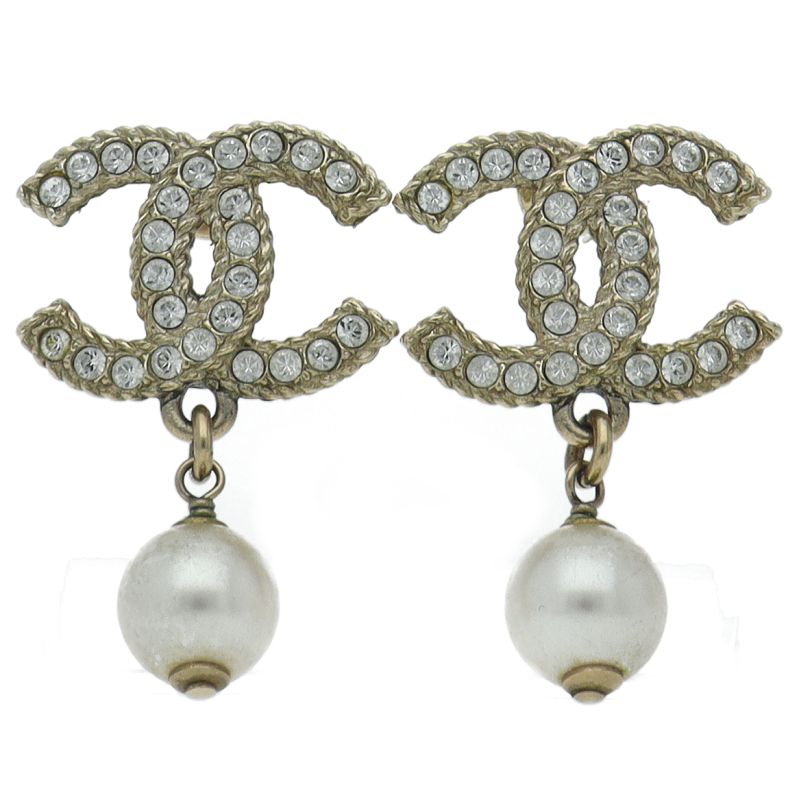 Chanel CC Logo Rhinestone Faux Pearl Earrings Brass