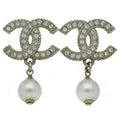 Chanel CC Logo Rhinestone Faux Pearl Earrings Brass