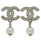 Chanel CC Logo Rhinestone Faux Pearl Earrings Brass