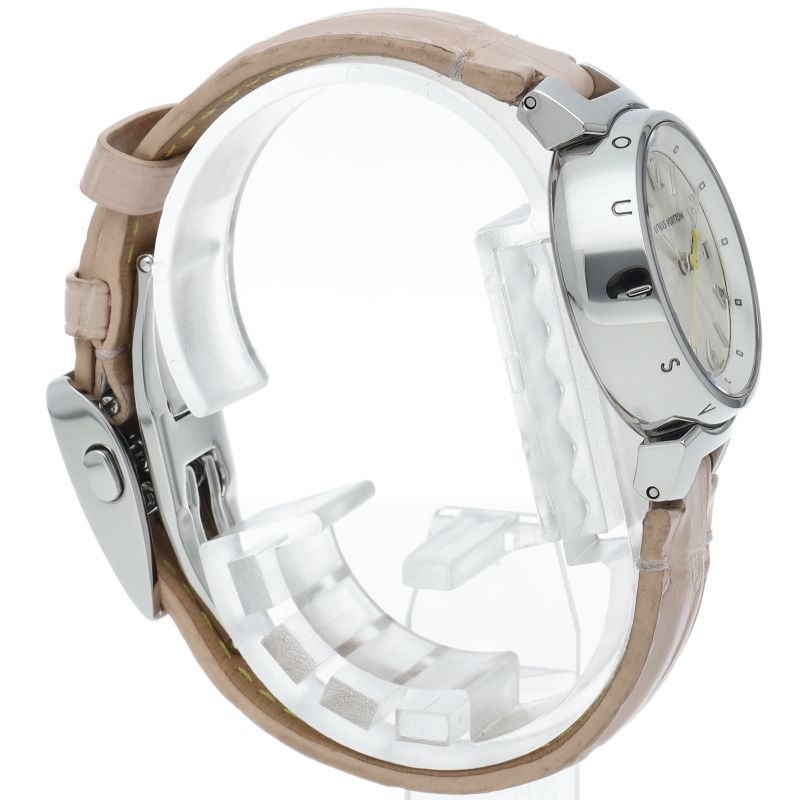 Louis Vuitton Tambour Watch Box Buckle SS Leather Silver Polished — view 4