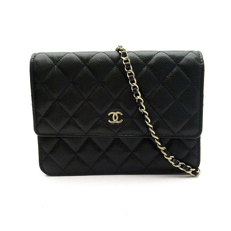 Chanel Quilted Chain Wallet Turnlock Caviar Leather Shoulder Bag Black Beauty