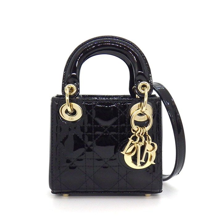 Dior Shoulder Bag Lady Dior Micro Black Cannage Patent Calfskin Gold