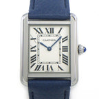 Cartier Watch Tank Solo SM Rectangular Silver Dial SS Blue Leather Quartz Analog