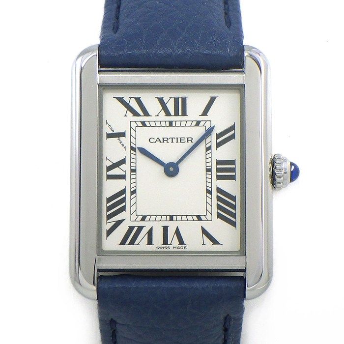 Cartier Watch Tank Solo SM Rectangular Silver Dial SS Blue Leather Quartz Analog