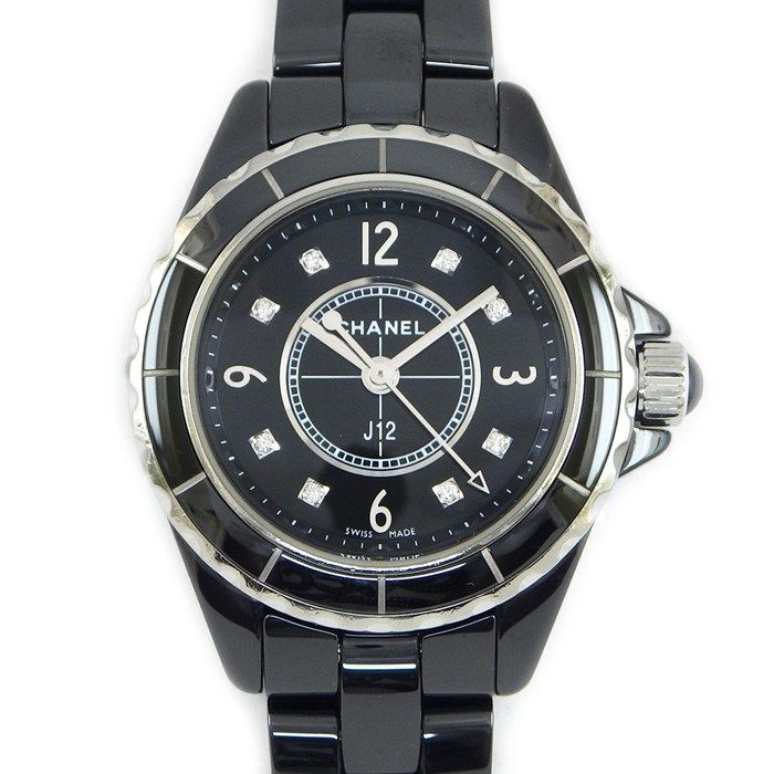 Chanel Watch 8 Points Diamond Index Black Dial Ceramic SS Quartz Analog