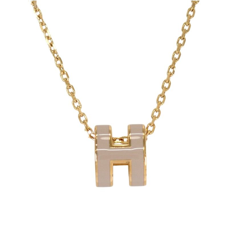 Hermes Mini Pop Pendant 55 Necklace Metal Brown Glasse Gold Simple Logo