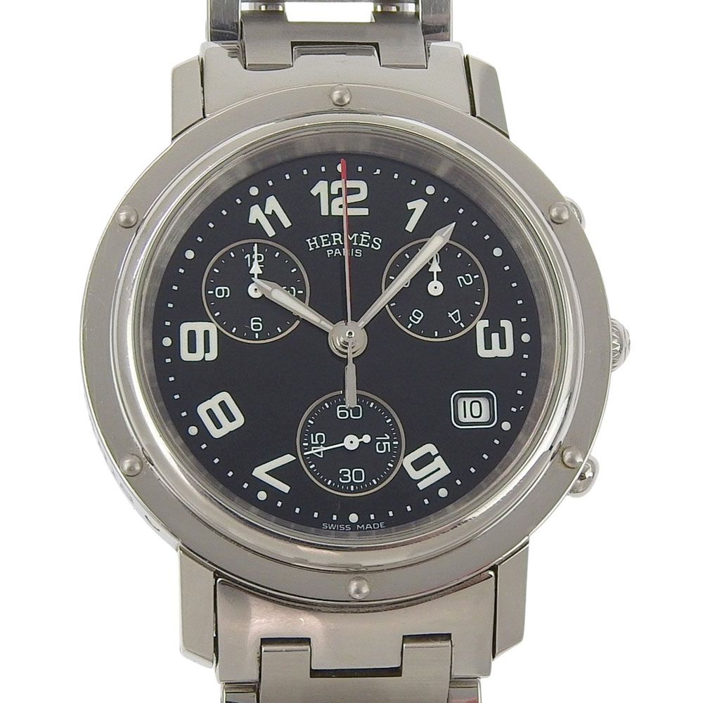 Hermes Clipper Chronograph Stainless Steel Silver Quartz Black Dial Watch