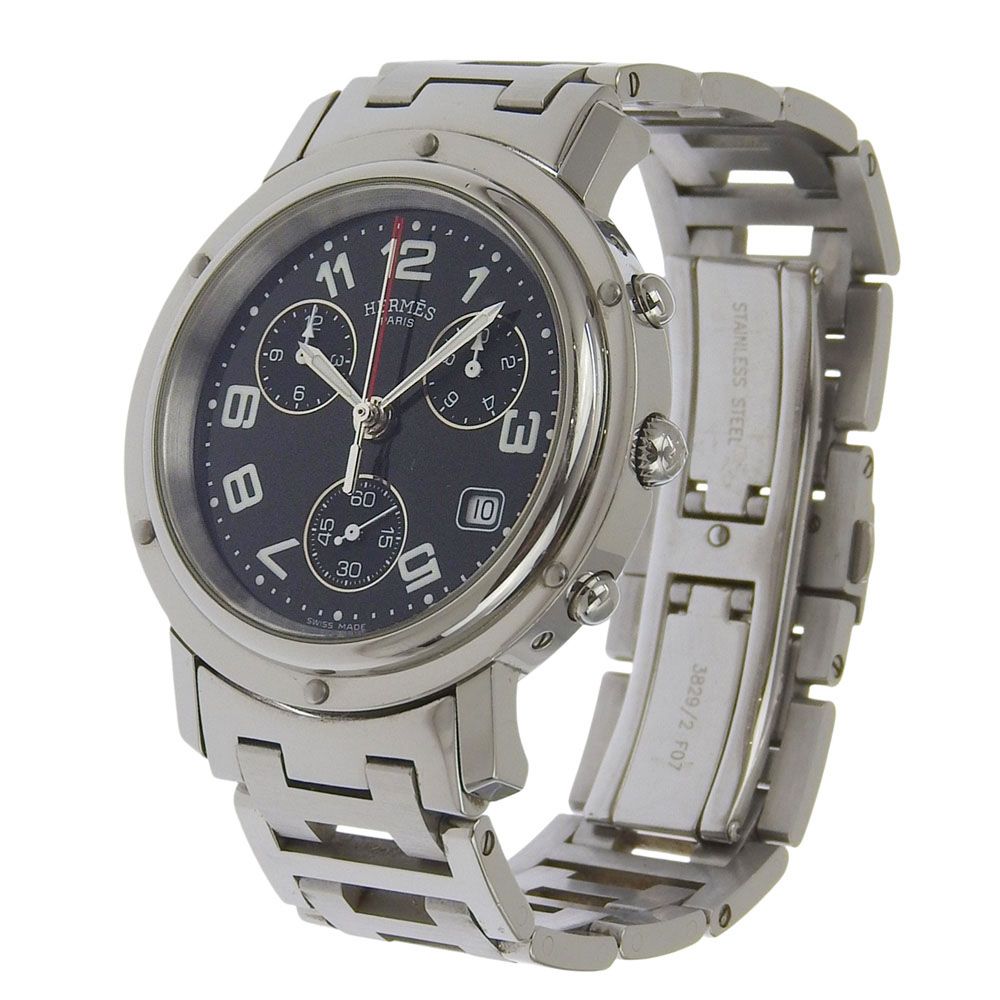 Hermes Clipper Chronograph Stainless Steel Silver Quartz Black Dial Watch — view 2