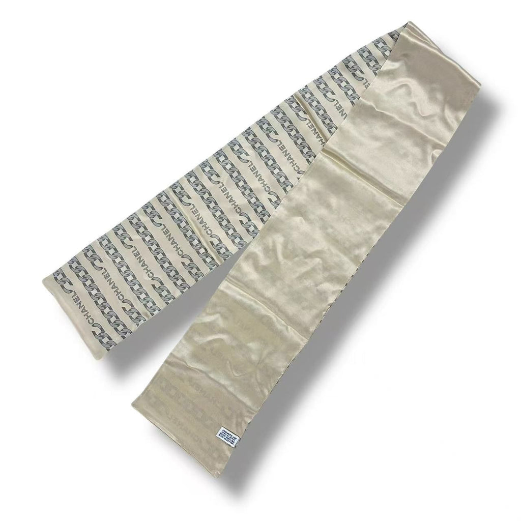 Chanel Vintage Shawl Silk Scarf Logo Chain Pattern Beige — view 3