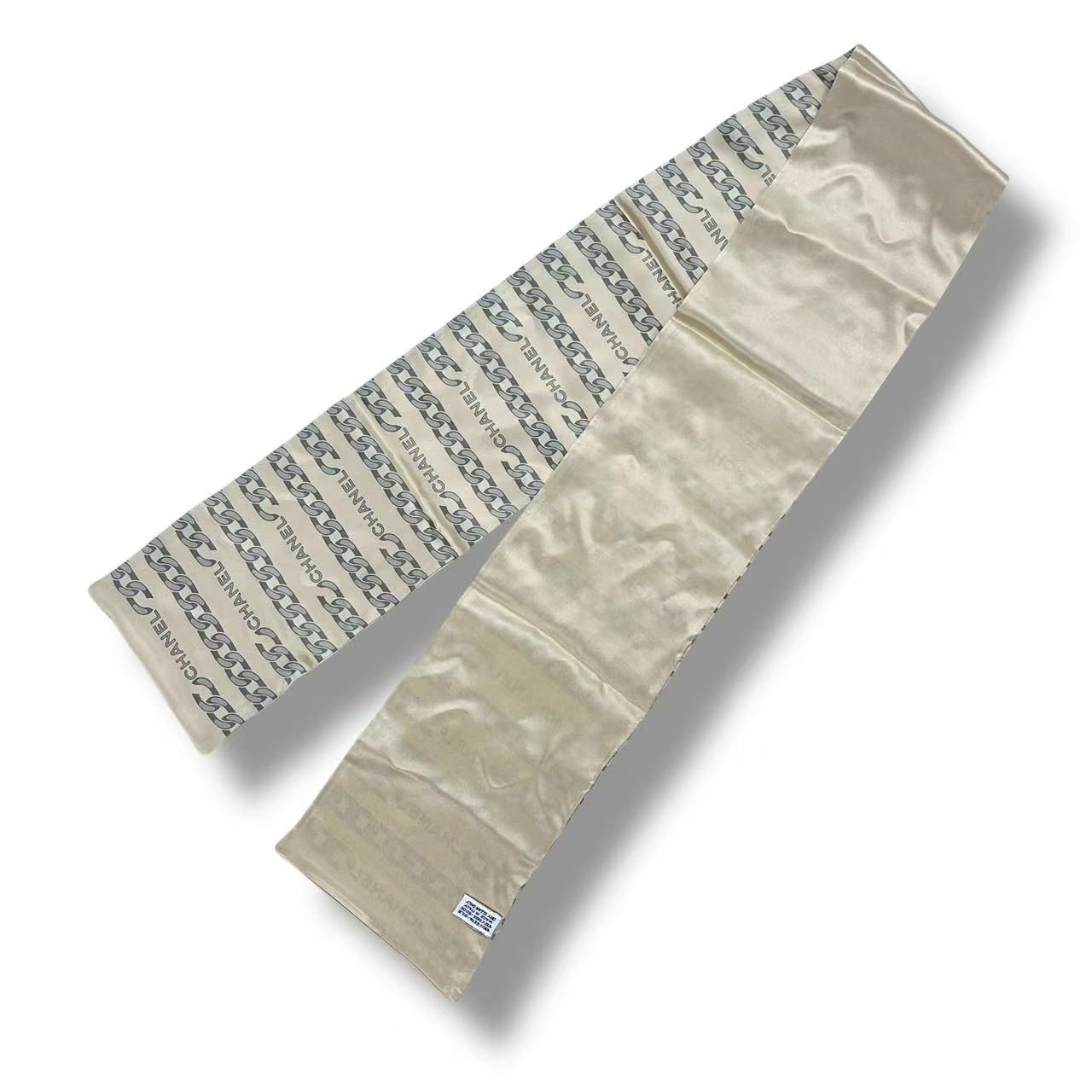 Chanel Vintage Shawl Silk Scarf Logo Chain Pattern Beige — view 3